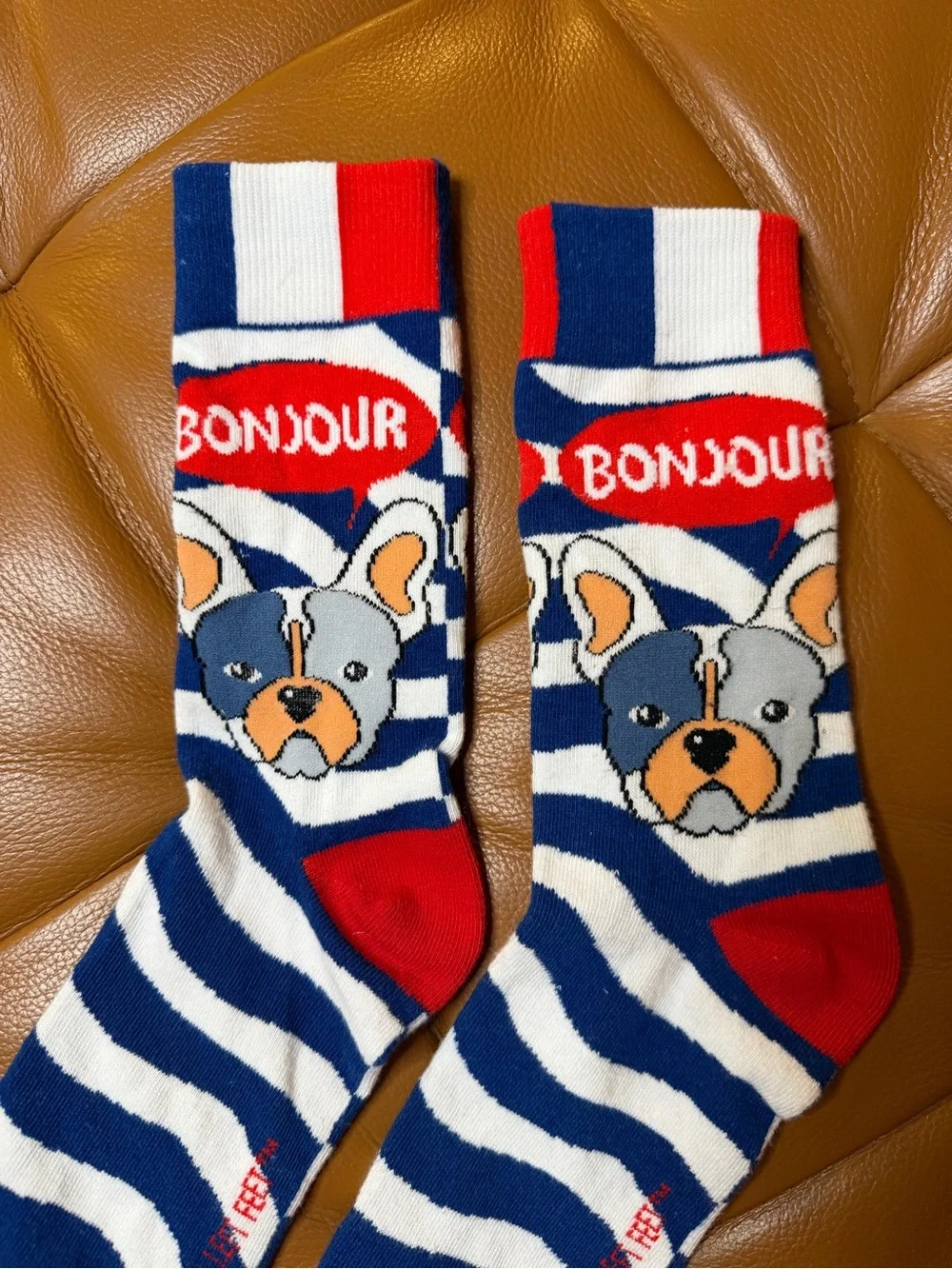 🐶🇫🇷 Bonjour French Bulldog Stripe Dog Socks - Blue, White & Red Unisex Medium